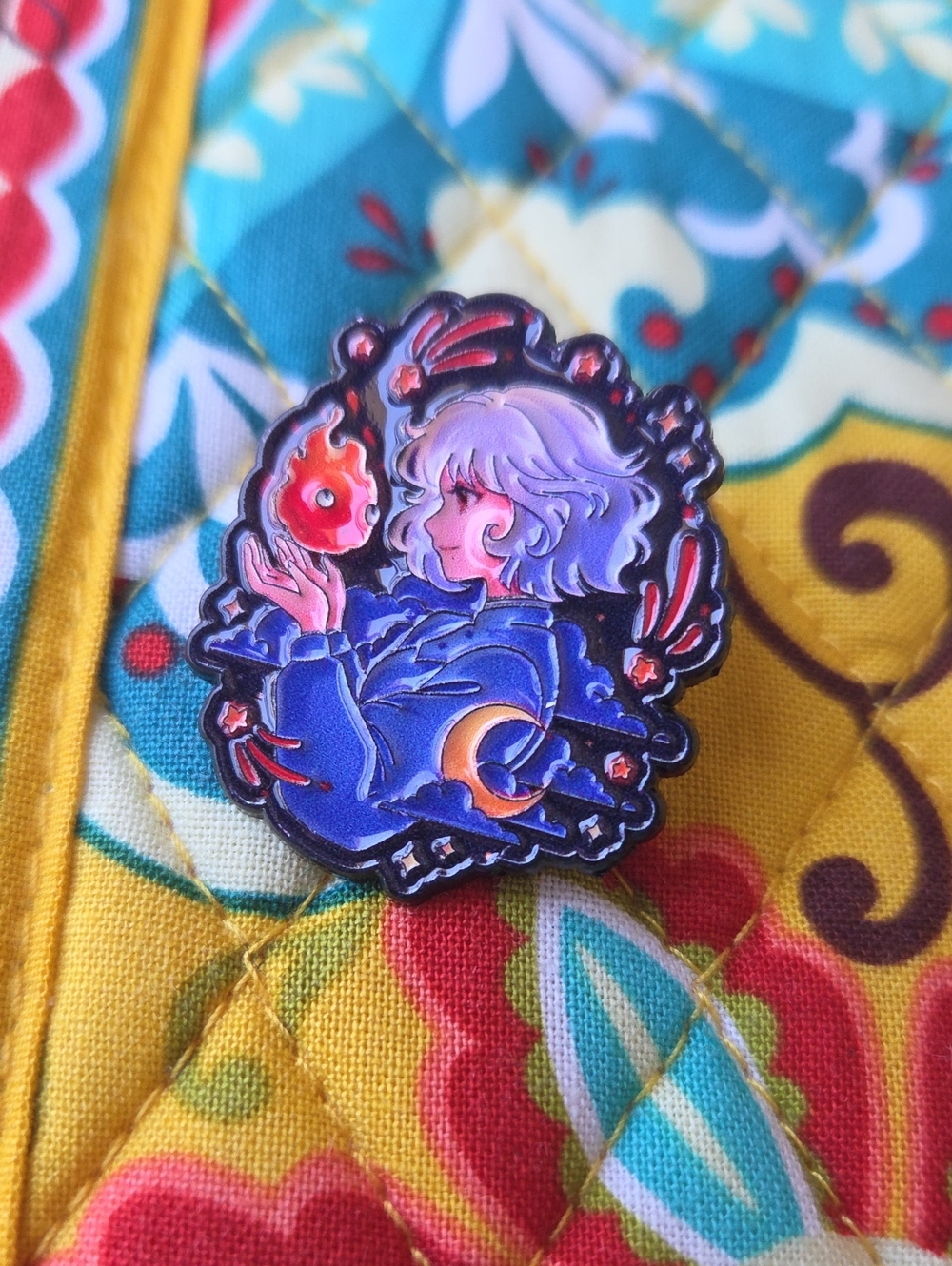 Blue Enamel Pin with Moon & Flame Character - Howls Moving Castle Sophie